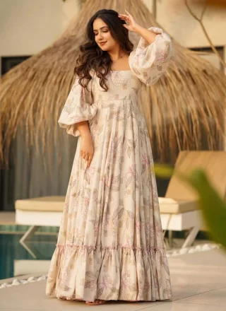 Off White Cotton Digital Print and Fancy Work  Designer Gown for Ceremonial