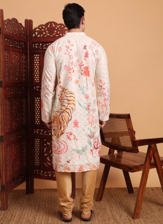 Off White Cotton Embroidered and Print Work Kurta Pyjama