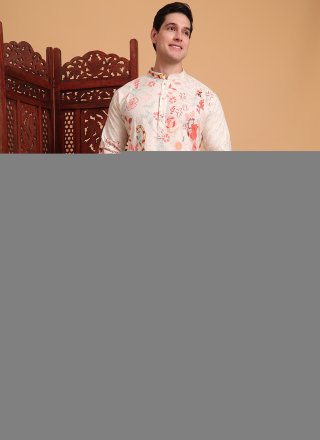Off White Cotton Embroidered and Print Work Kurta Pyjama