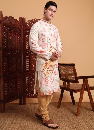 Off White Cotton Embroidered and Print Work Kurta Pyjama