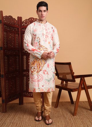 Off White Cotton Embroidered and Print Work Kurta Pyjama