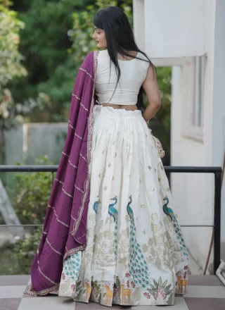 Off White Cotton Embroidered, Foil Print, Thread and Zari Work A - Line Lehenga Choli