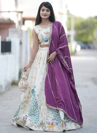 Off White Cotton Embroidered, Foil Print, Thread and Zari Work A - Line Lehenga Choli