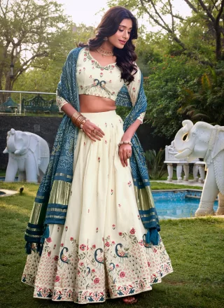 Off White Cotton Embroidered, Sequins and Thread Work A - Line Lehenga Choli for Engagement