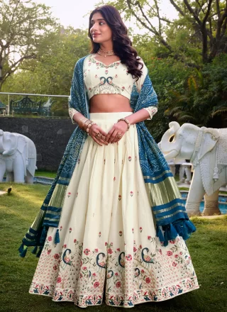 Off White Cotton Embroidered, Sequins and Thread Work A - Line Lehenga Choli for Engagement