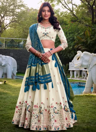 Off White Cotton Embroidered, Sequins and Thread Work A - Line Lehenga Choli for Engagement