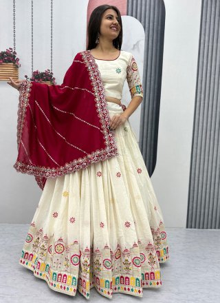 Off White Cotton Embroidered Work Readymade Lehenga Choli for Ceremonial