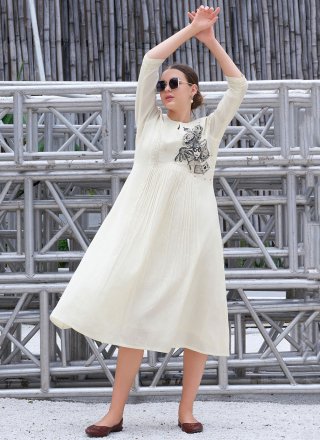 Off White Cotton Fancy Work Designer Kurti for Ceremonial