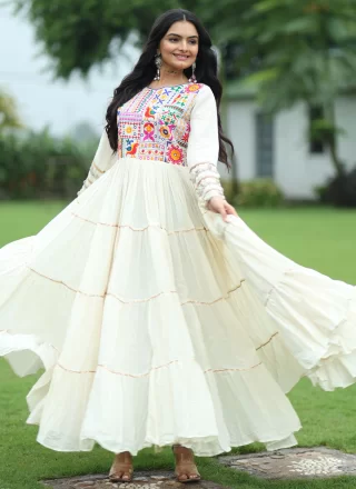 Off White Cotton Gown with Embroidered and Thread Work