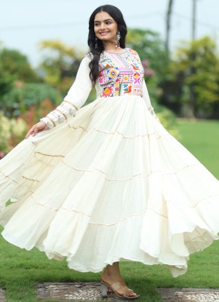 Off White Cotton Gown with Embroidered and Thread Work