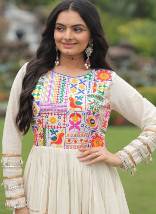 Off White Cotton Gown with Embroidered and Thread Work
