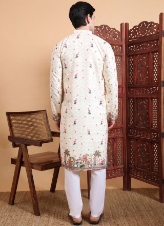 Off White Cotton Kurta Mens Wear with Print Work
