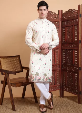 Off White Cotton Kurta Mens Wear with Print Work