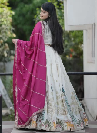 Off White Cotton Lehenga Choli with Embroidered, Foil Print, Thread and Zari Work