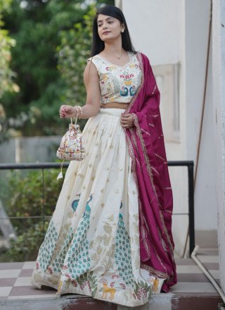 Off White Cotton Lehenga Choli with Embroidered, Foil Print, Thread and Zari Work