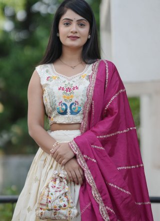 Off White Cotton Lehenga Choli with Embroidered, Foil Print, Thread and Zari Work