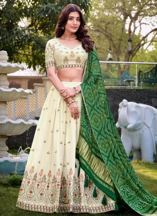 Off White Cotton Lehenga Choli with Embroidered, Sequins and Thread Work