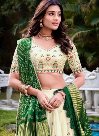 Off White Cotton Lehenga Choli with Embroidered, Sequins and Thread Work