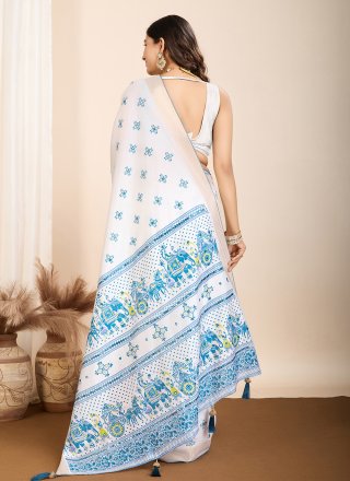 Off White Cotton Print Work Contemporary Sari for Casual