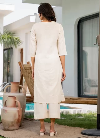 Off White Cotton Print Work Party Wear Kurti