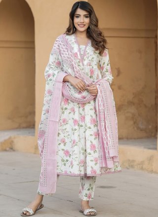 Off White Cotton Readymade Salwar Suit with Floral Patch Work