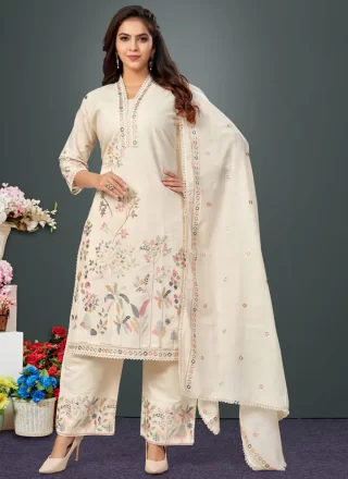 Off White Cotton Readymade Style with Embroidered and Floral Patch Work for Ceremonial