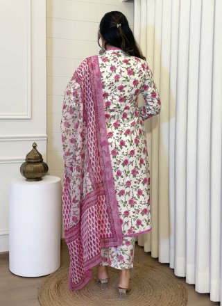 Off White Cotton Salwar Suit with Floral Patch and Lace Work