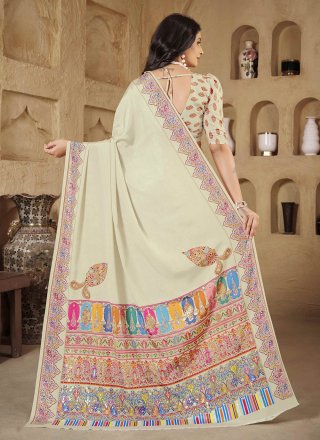 Off White Crepe Silk Digital Print and Foil Print Work Trendy Saree for Ceremonial