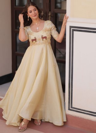Off White Crush Beads, Sequins and Thread Work  Designer Gown