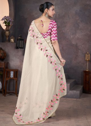 Off White Crush Classic Saree with Patch Border, Embroidered, Lace, Patch Border and Thread Work for Ceremonial