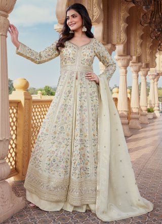 Off White Embroidered and Sequins Work Chiffon Readymade Salwar Suit