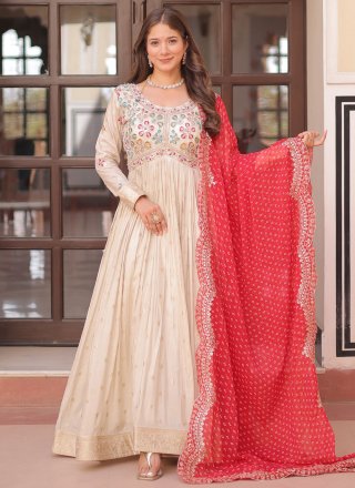 Off White Embroidered and Weaving Work Jacquard  Designer Gown