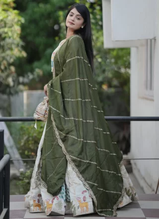 Off White Embroidered, Foil Print, Thread and Zari Work Cotton A - Line Lehenga Choli