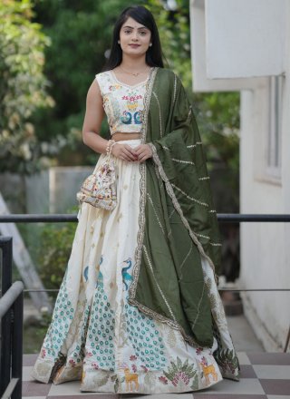 Off White Embroidered, Foil Print, Thread and Zari Work Cotton A - Line Lehenga Choli