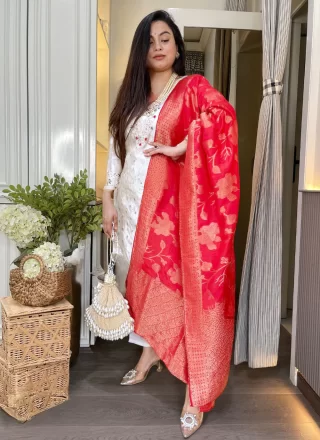 Off White Embroidered Work Chanderi Salwar Suit