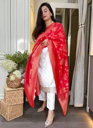 Off White Embroidered Work Chanderi Salwar Suit