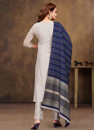 Off White Embroidered Work Chanderi Silk Salwar Suit