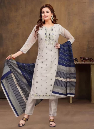 Off White Embroidered Work Chanderi Silk Salwar Suit