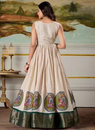 Off White Fancy, Print, Weaving and Zari Work Pure Dola  Designer Gown