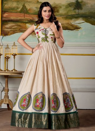 Off White Fancy, Print, Weaving and Zari Work Pure Dola  Designer Gown