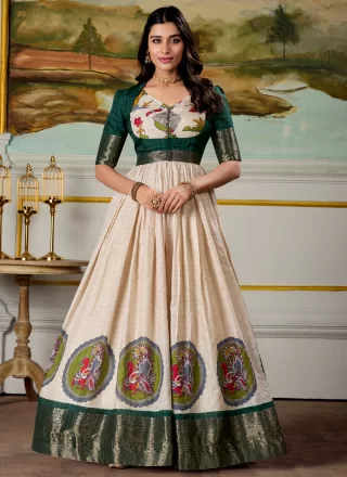 Off White Fancy, Print, Weaving and Zari Work Pure Dola  Designer Gown
