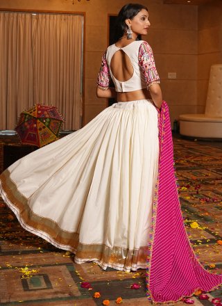 Off White Faux Crepe Embroidered and Print Work Lehenga Choli for Festival