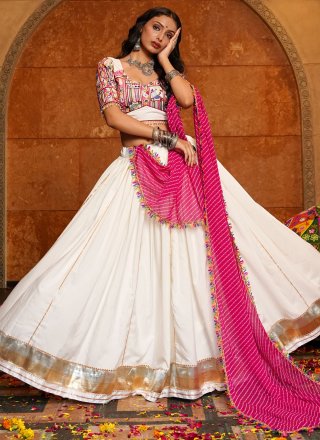 Off White Faux Crepe Embroidered and Print Work Lehenga Choli for Festival