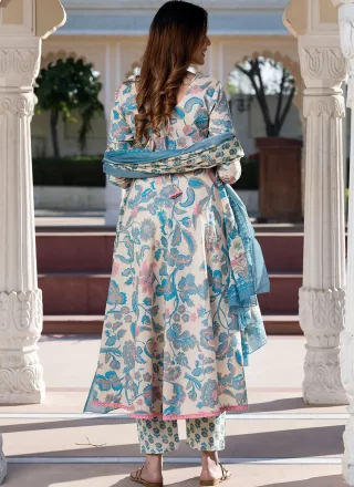 Off White Floral Patch Work Cotton Anarkali Suit