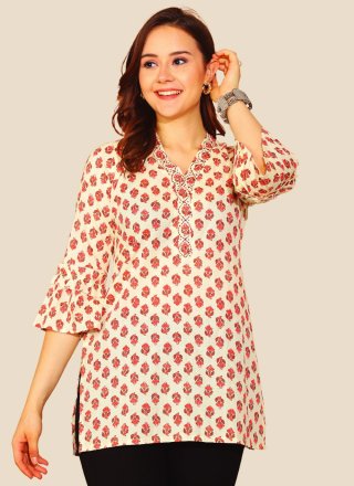 Off White Floral Patch Work Cotton Party Wear Kurti