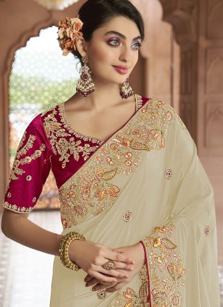 Off White Georgette Cord, Embroidered, Sequins, Stone and Thread Work Contemporary Sari