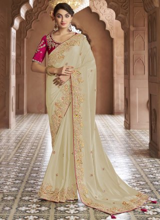 Off White Georgette Cord, Embroidered, Sequins, Stone and Thread Work Contemporary Sari