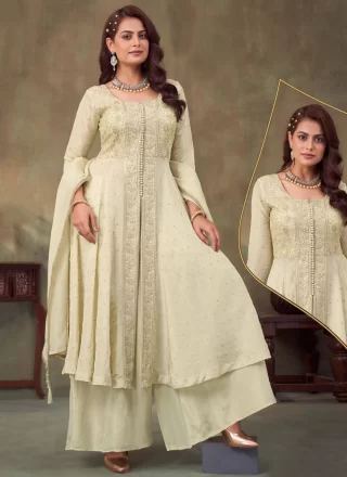 Off White Georgette Embroidered, Sequins and Thread Work Palazzo Salwar Suit