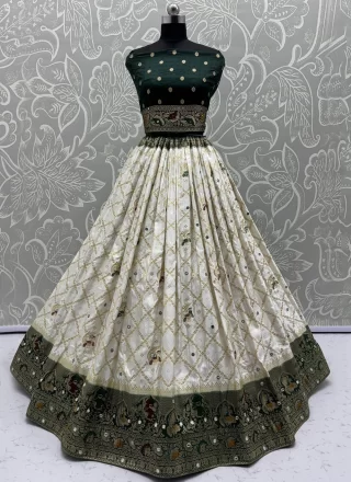 Off White Georgette Satin A - Line Lehenga Choli with Fancy, Jacquard, Mirror and Zari Work