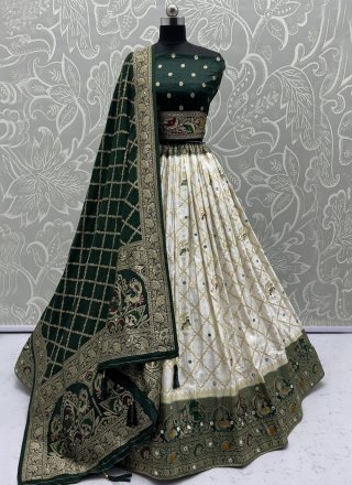 Off White Georgette Satin A - Line Lehenga Choli with Fancy, Jacquard, Mirror and Zari Work